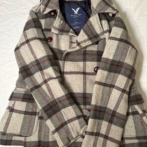 American Eagle Outfitters Gray Wool Plaid Pea Coat